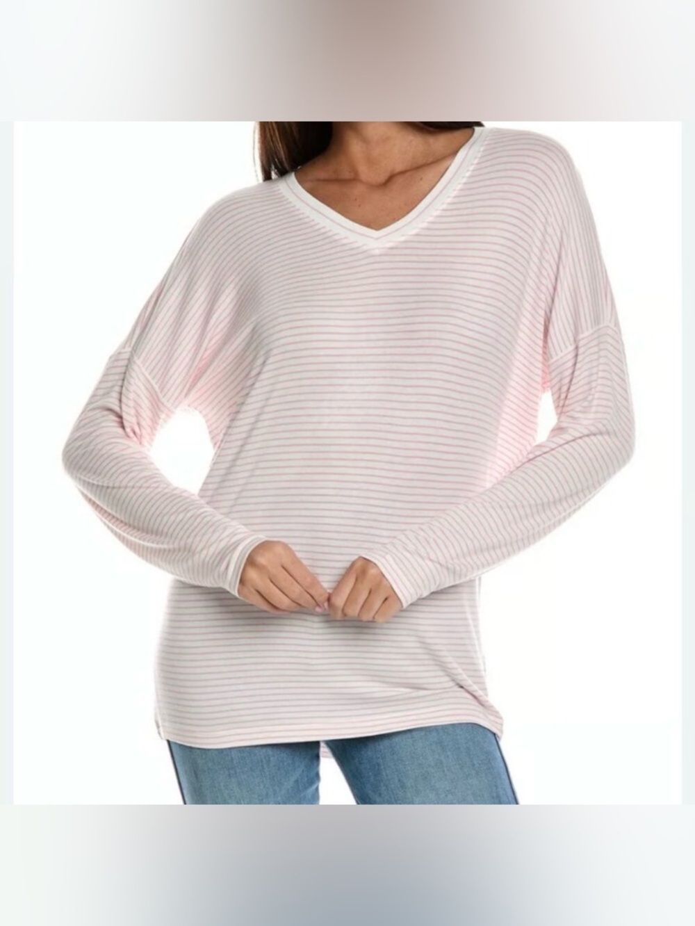 CAbi Serenity Tee shirt top blouse knit light pink stripe v-neck cozy new Medium
